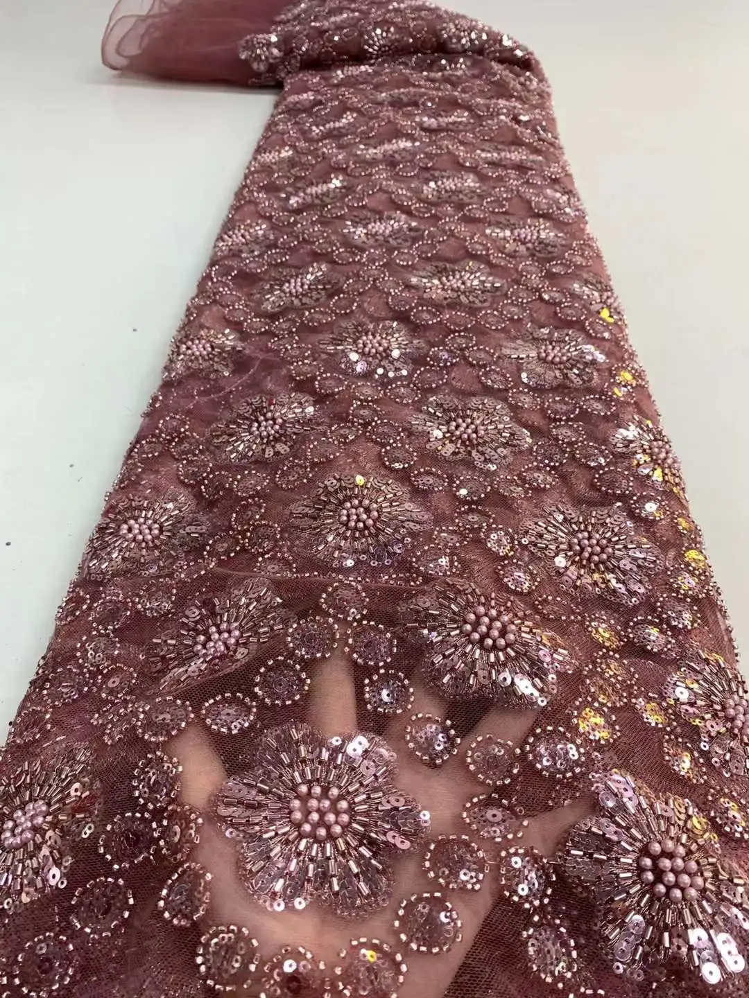 Latest Nigerian Beads Lace Fabric 2023 High Quality Beaded Lace African French Tulle Groom Lace Fabric For Wedding Dress Sewing