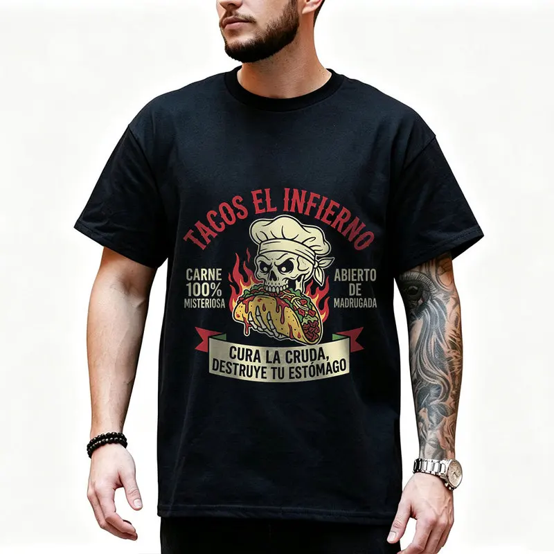 Demonic skull biting fiery taco Street Food Graphic T Shirt 0912 Retro Dark Humor Mexican Culture Halloween Alternative Art Tee