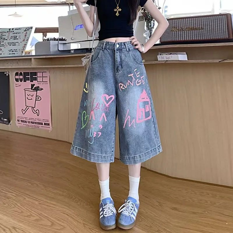 

Large Size Women's Blue Shorts Woman Summer A Sense of High-end Graffiti Loose Half Pants Niche New Low Waist Jeans Short Y2k
