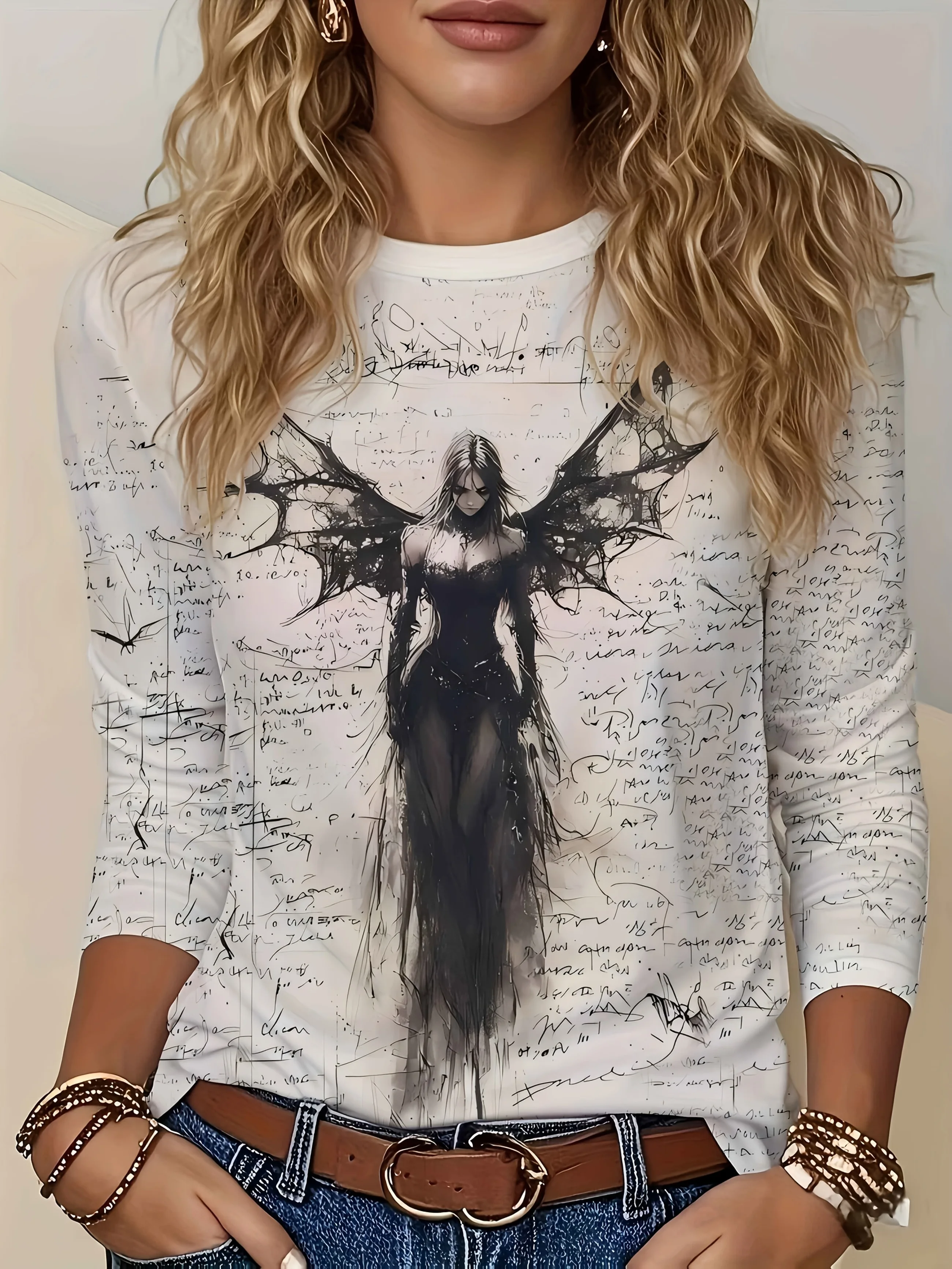 Women Round Neck Long Sleeve T‑Shirt Dark Angel Figure Vintage Manuscript Background Print Holiday Casual Party Women's Clothes