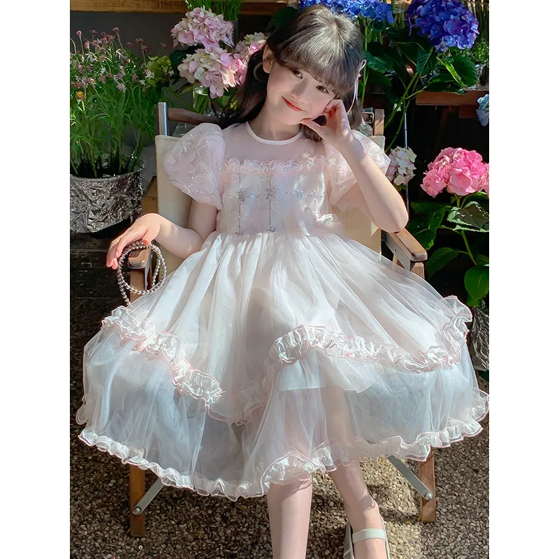 

2025Новое летнее модное сетчатое платье принцессы с пышными рукавами для девочек