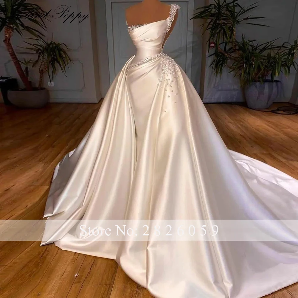 Lceland Poppy Sheer Neck Sleeveless Mermaid Satin Wedding Dresses Floor Length Pearls Beaded Bridal Gowns with Detachable Train