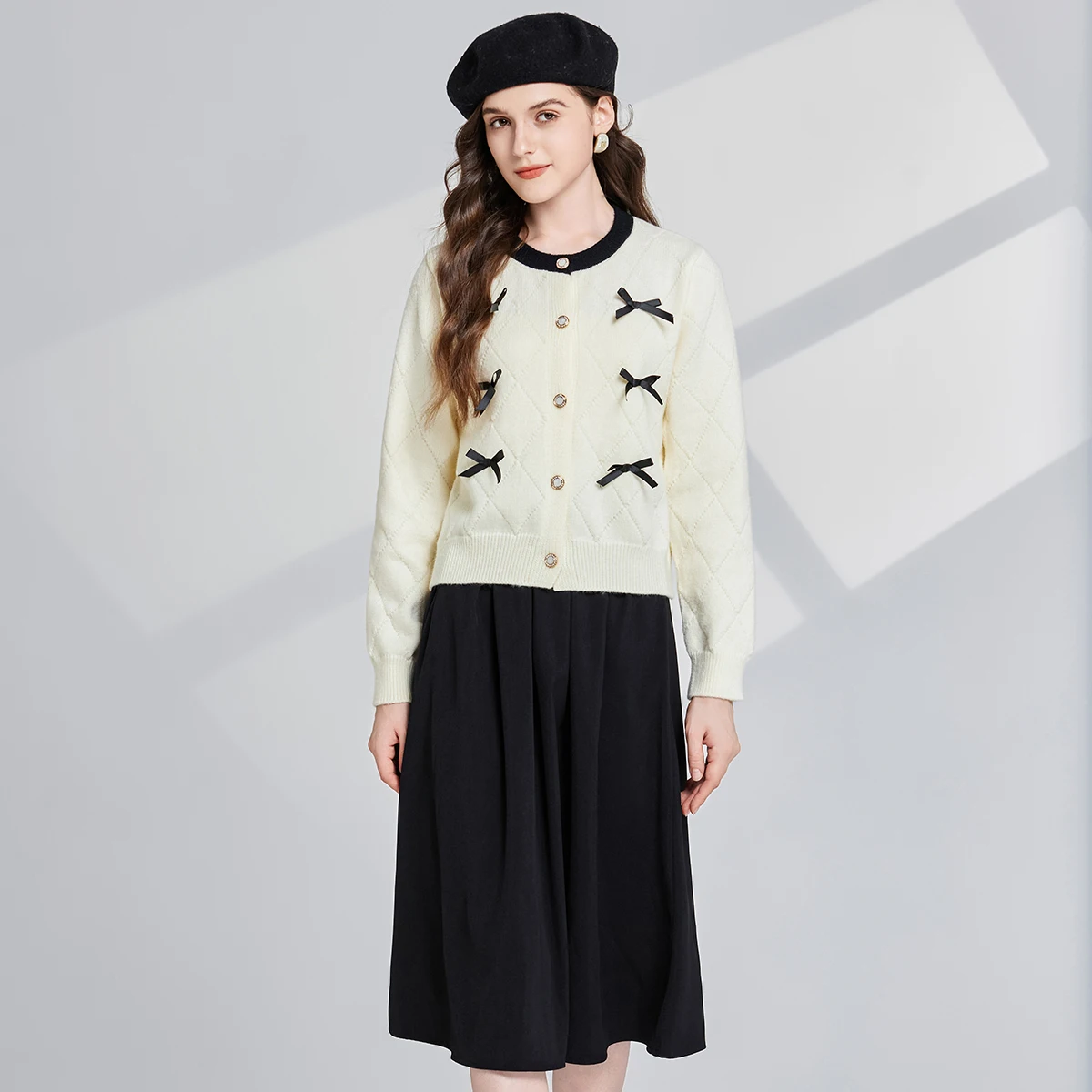 High Quality New Fashion Women Auutmn Winter 2 Piece Set Knitting Cardigan Bow Coat Sweet Warm Soft +Casual Skirts Set