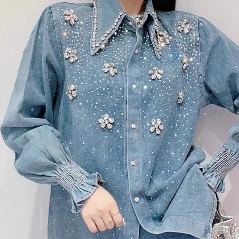 Chic Women Diamonds Beaded Flowers Denim Blouses Rhinestones Jeans Shirts Sequined Cardigan Crystal Outwear Drilling Tops Blusas