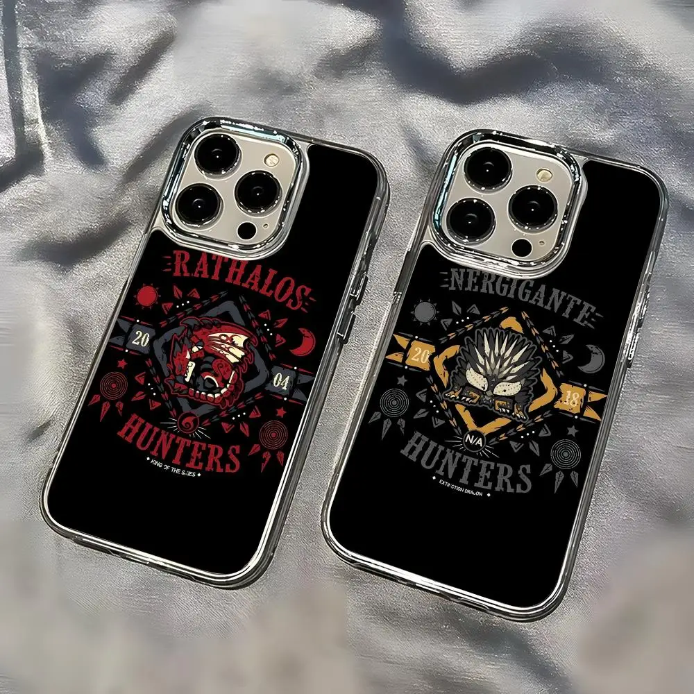 Coque de téléphone Monster Hunter pour iPhone 17 16 15 14 13 12 11 Pro Max Plus, bouton chromé, anneau de caméra, coque transparente