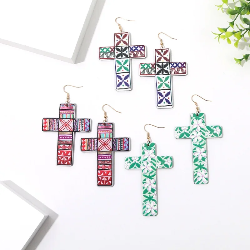 

Boho Style Painted Acrylic Cross Earrings for Women Ethnic Style Holiday souvenirs for Wedding Vacation Christmas Parties