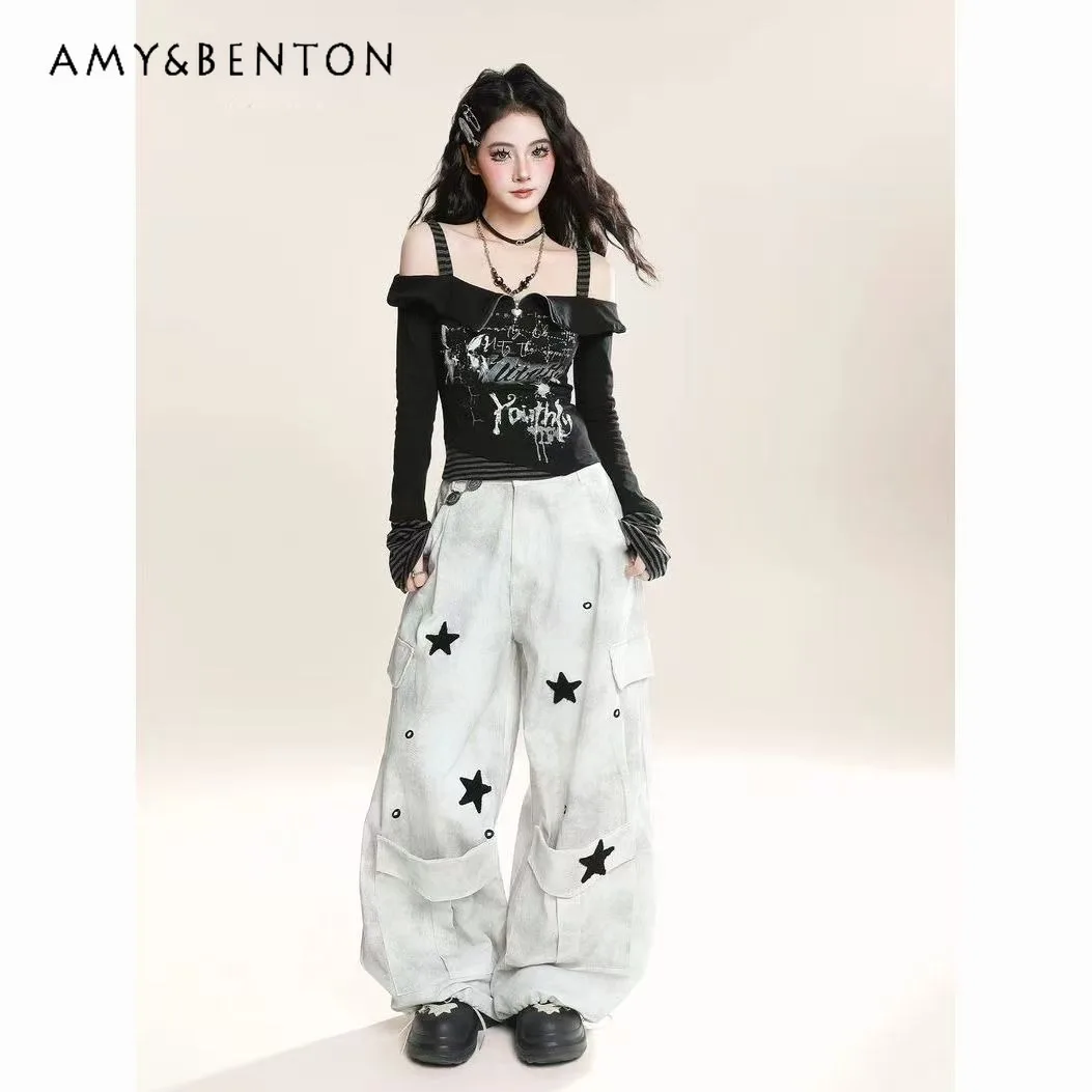 

2025 Spring and Autumn New American Retro Style White Distressed Washed Tie-Dye Star Multi-Pocket Cargo Floor-Length Pant