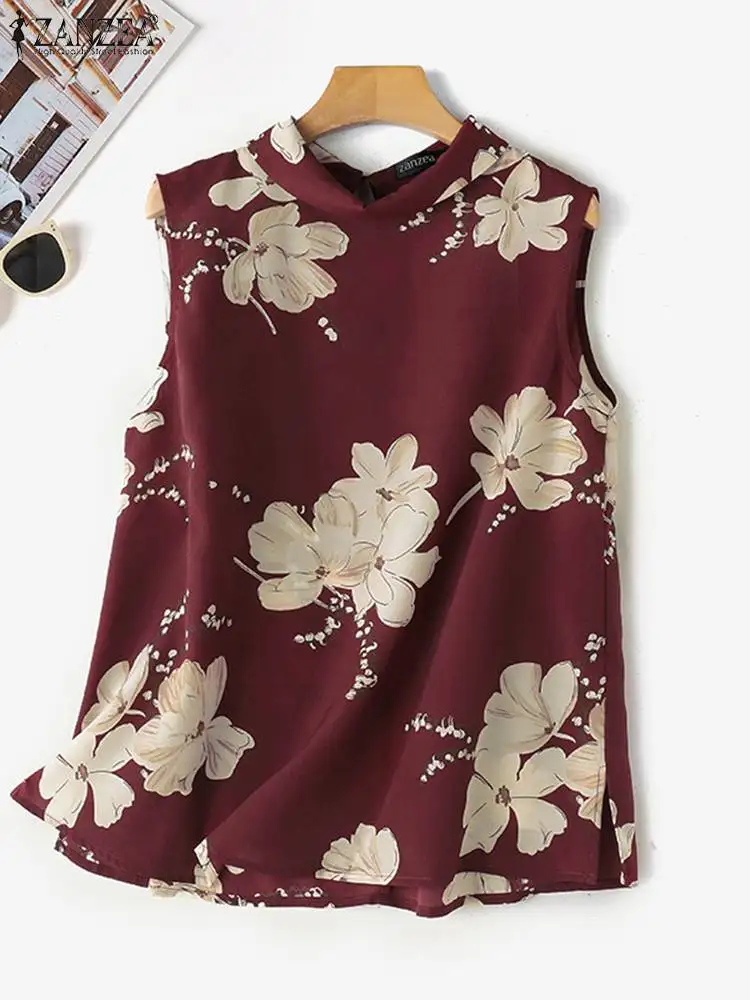 ZANZEA Women Floral Printed Vest Summer Bohemian Sleeveless Tops 2024 Elegant Fashion Stand Collar Shirt Vintage Casual Blusas