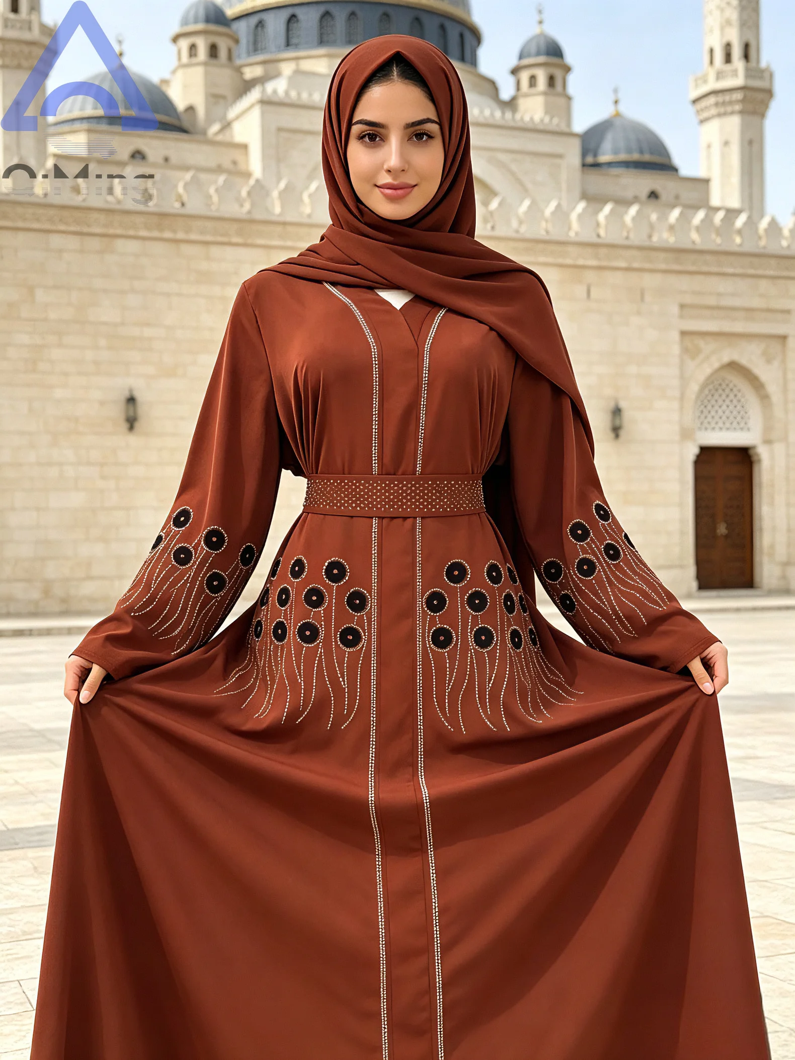 Sticker Diamond Abaya Elegant 3 Piece Wedding Tunics For Muslim Dames Dubai Brown Caftan Moroccan Dress Eid Jurk Algerian Caftan