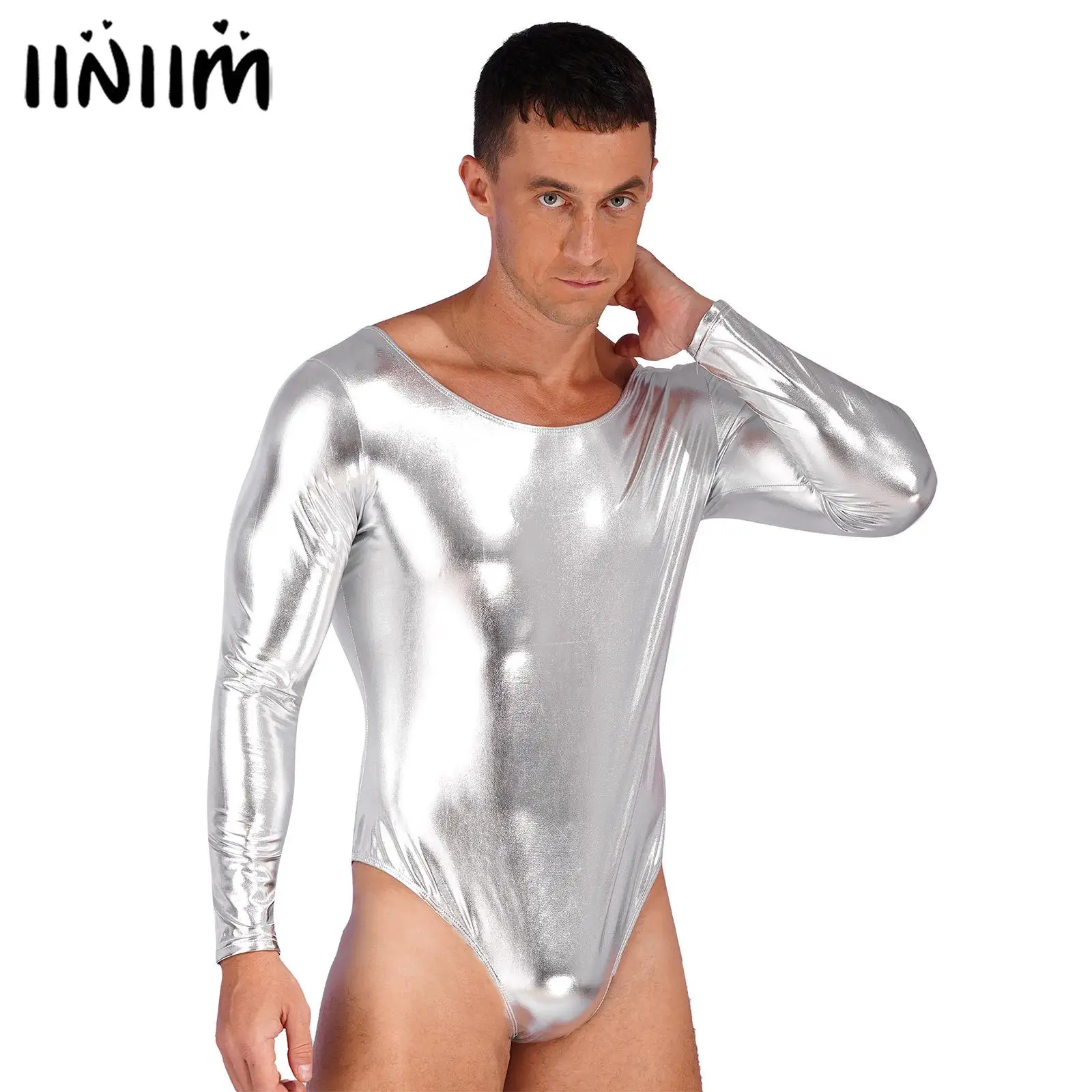 Mens  Shiny Patent Leather Bodysuit Lingerie One-piece Monokini Bodycon CostumeLong Sleeves Gymnastic Leotard Festival Dancewear