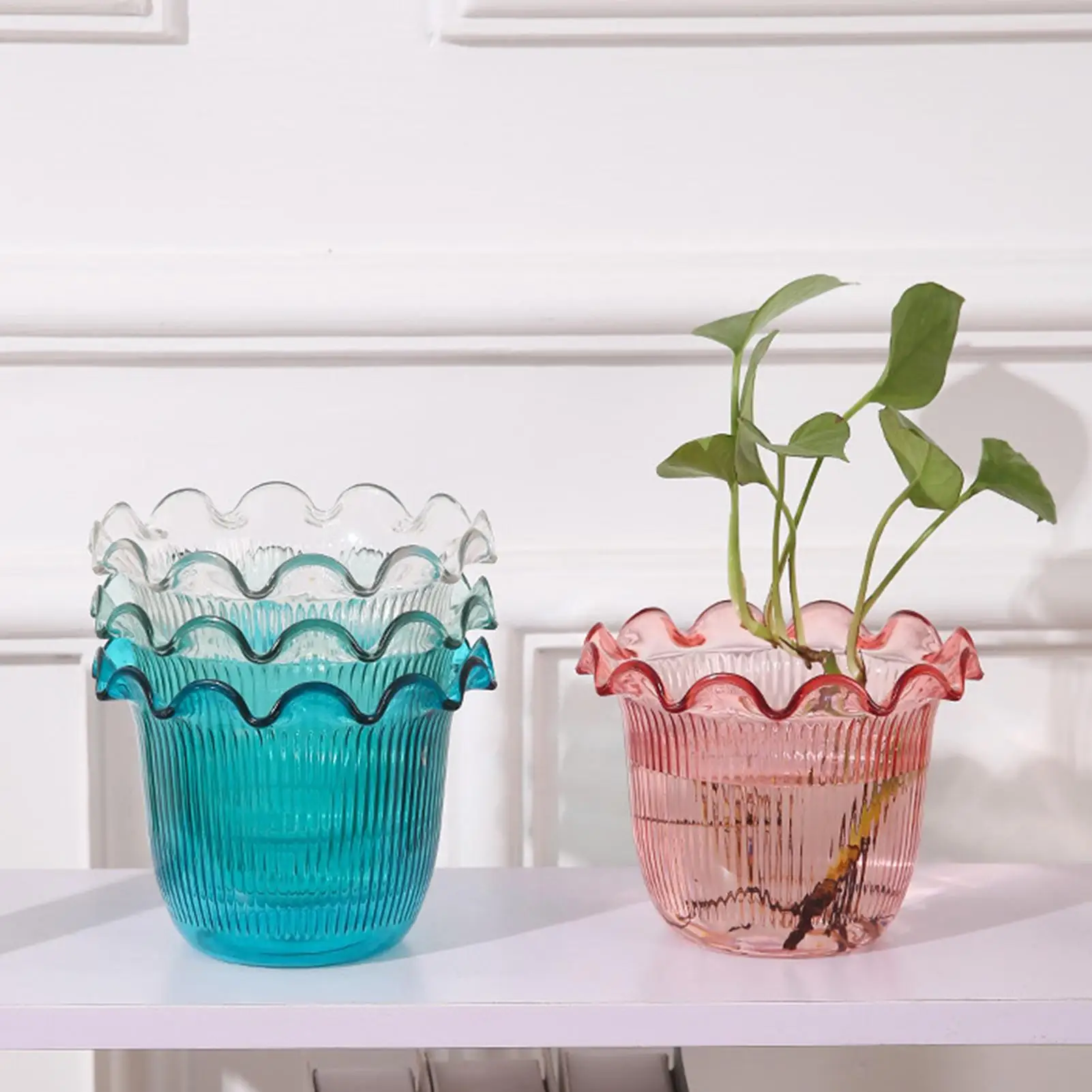Klare Blumenvase, Wasserpflanzenvase, Hydrokultur-Pflanzgefäß für Fotohintergrund, Urlaub, Hotellobby, Bücherregal, Veranstaltung, Staging, Arbeitsplatz