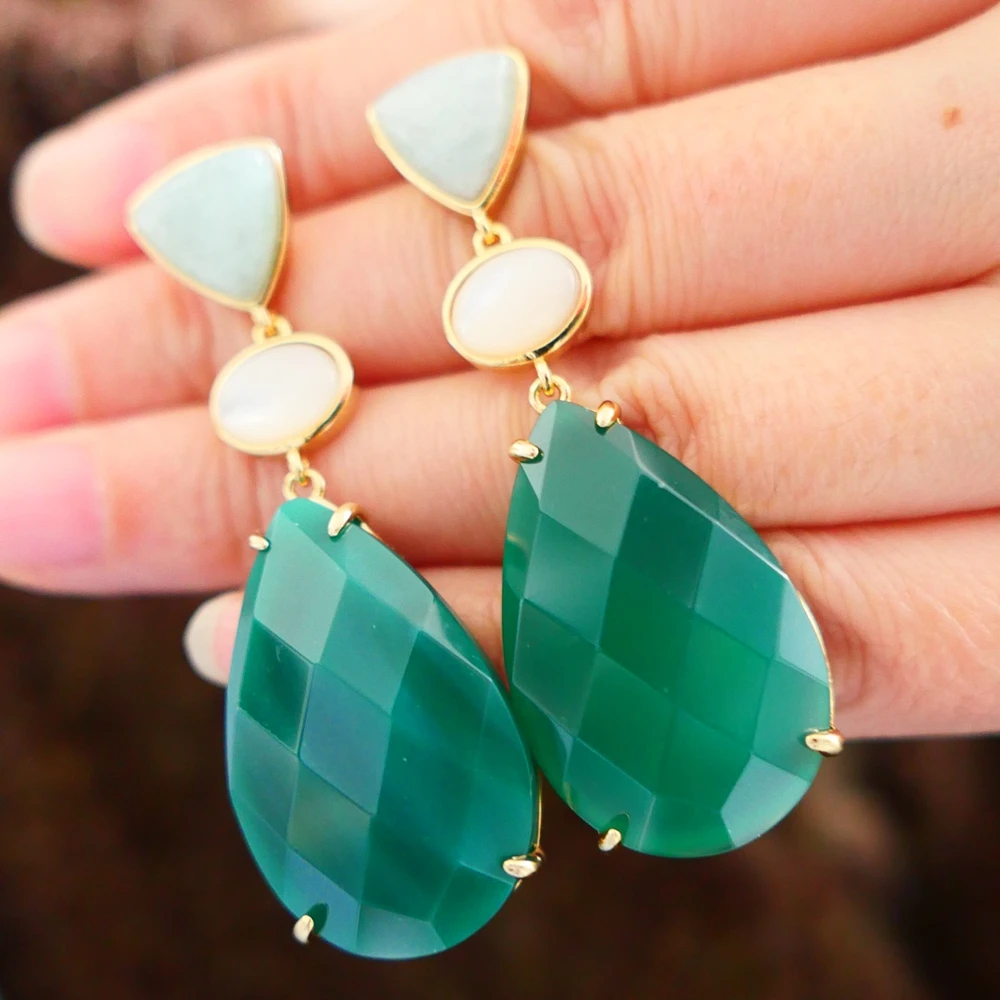 

Woman Big Water Drop Emerald Green Color Dangle Earrings with shell Pearl Amazonite Natural Agate Gemstone Gold plated Jewelry