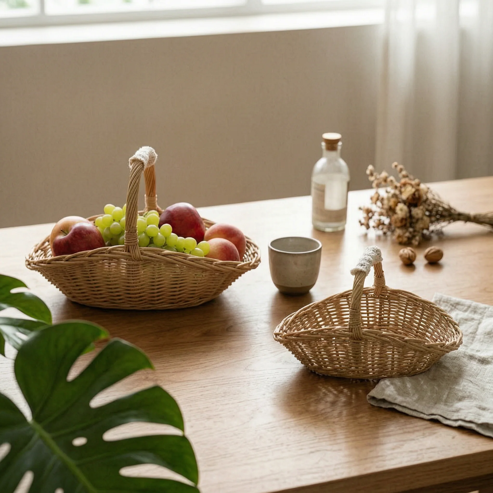 2 Pieces Wicker Storage Basket with Handle Natural Woven Fruit Basket Portable Versatile for Kitchen, Home Organization