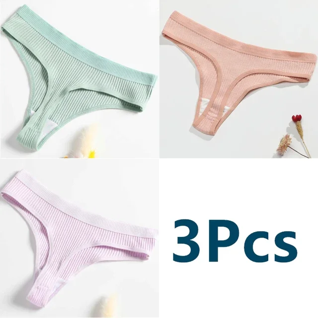 3pcs Women\'s Panties Seamless Ribbed Thongs Low Waist Underpants Comfortable Cotton G-Strings Solid Color Underwear Lingerie