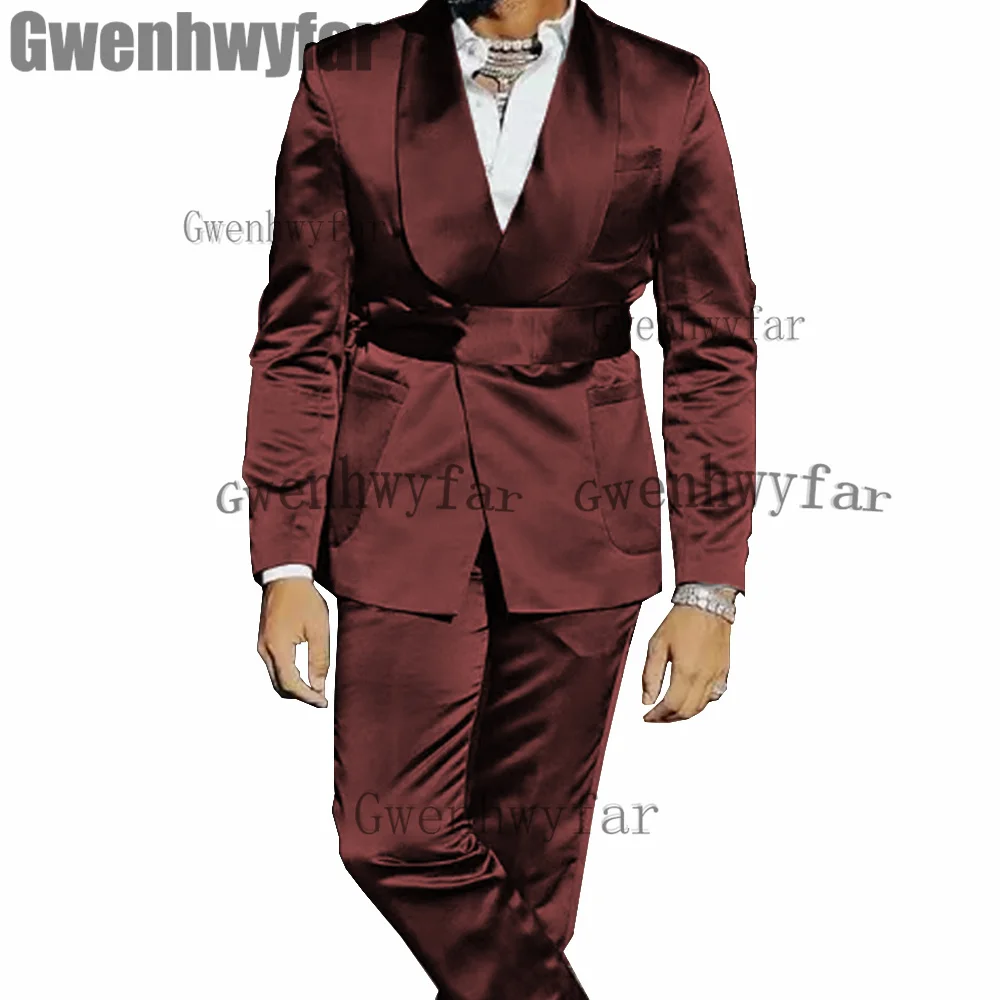 Gwenhwyfar High Quality Men\'s 2 Piece Suit Satin Wedding Tuxedo Party Dress Slim Fit Fashion Banquet Jacket Sets (Blazer+Pants)