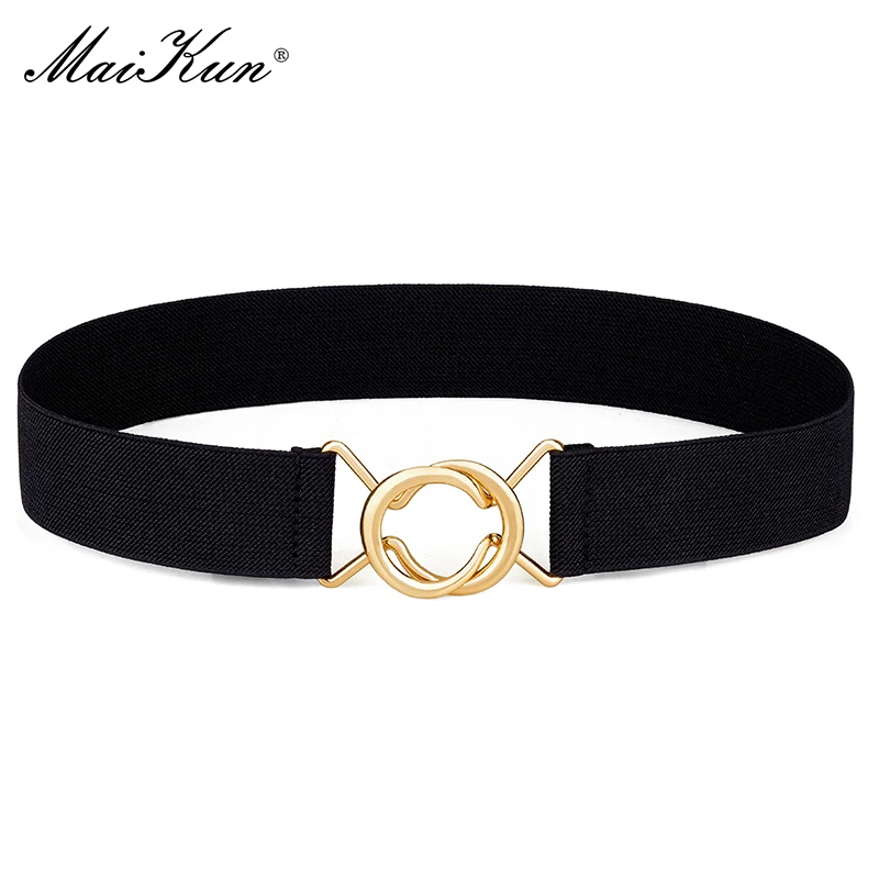 Maikun Fashion Women's Stretchy Belts  Black Simple Dress Slimming Elastic Belt Round Ring Buckle Waistband