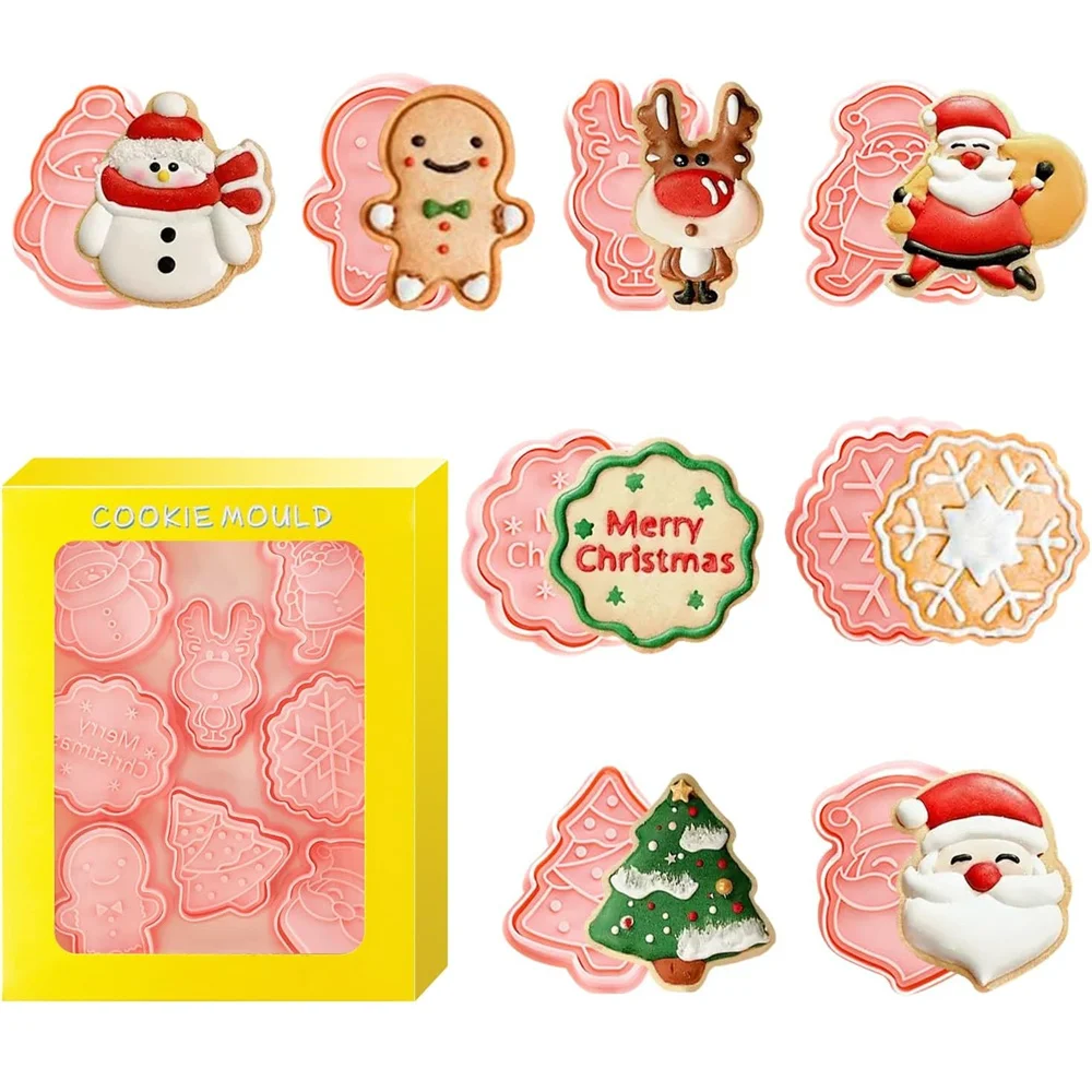 

8 PCS Christmas Cookie Molds Christmas Dough Stamps Plastic 3D Cartoon Pressable Cookie Molds DIY Candy Baking Pastry Decoration
