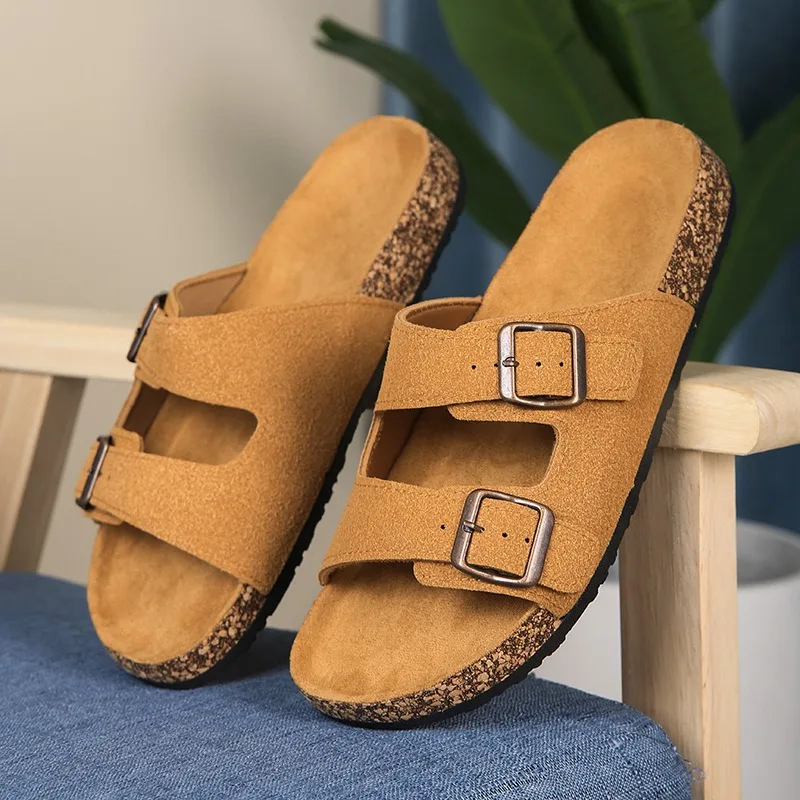 

Couple Slippers Classic Versatile Buckle Flat Cork Slippers Men Women Fashion Non-Slip Thick Sole Wear-Resistant Casual Slippers