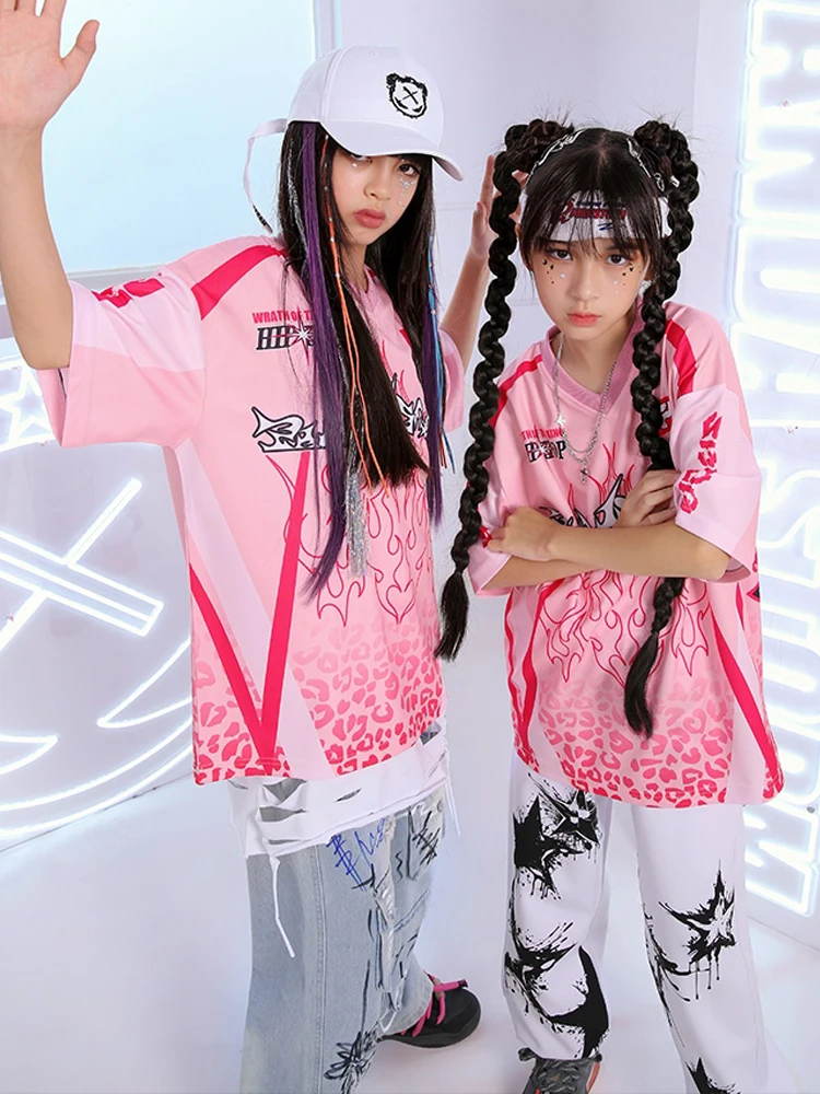 ชุดเต้นฮิปฮอปสำหรับเด็กเสื้อยืดสีชมพูแฟชั่นฮิปฮอปกางเกงสำหรับเด็กผู้หญิงเด็กผู้ชายเสื้อผ้าสำหรับการแสดงสไตล์สตรีทแดนซ์ชุด BL13194