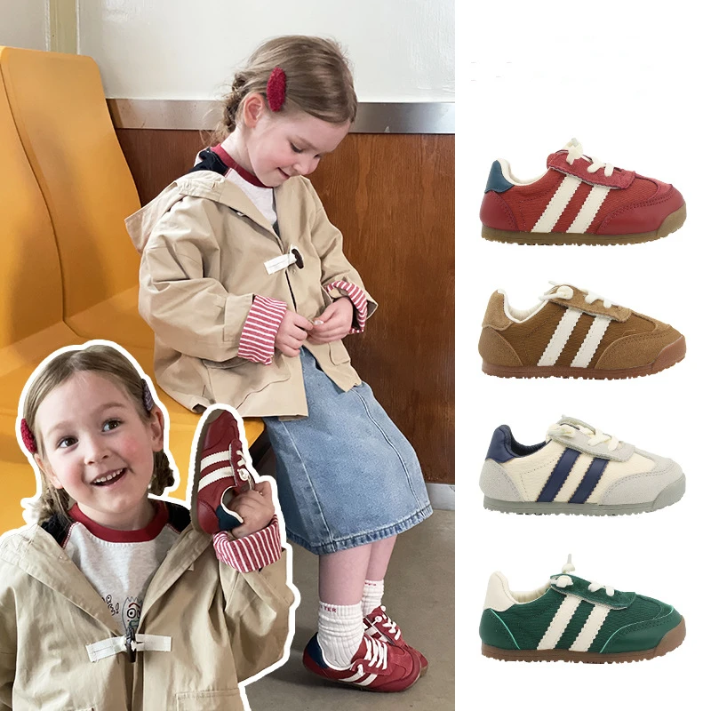 

2024 New Ins Children's Casual Shoes Red Black Green Non-slip Soft Soled Leather Kuexun Shoes Boys and Girls Outdoor Flat Shoes