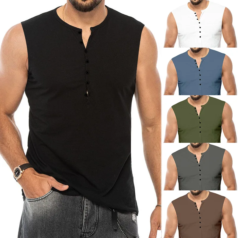 Men's Vest Sleeveless Summer New Men's Henry Shirt Solid Color Button Sports Fitness Vest