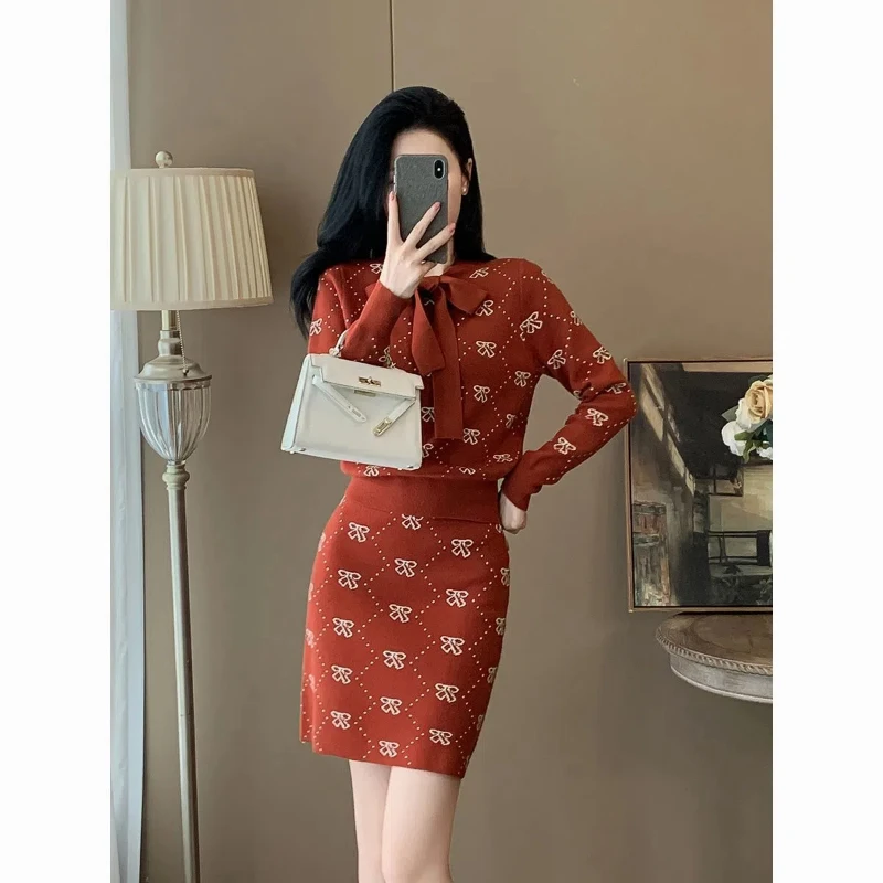 Spring Autumn Ladies Suits Bow Patchwork Long Sleeve Fashion Sweater High Street Elastic Waist Printing All-match A-line Skirt