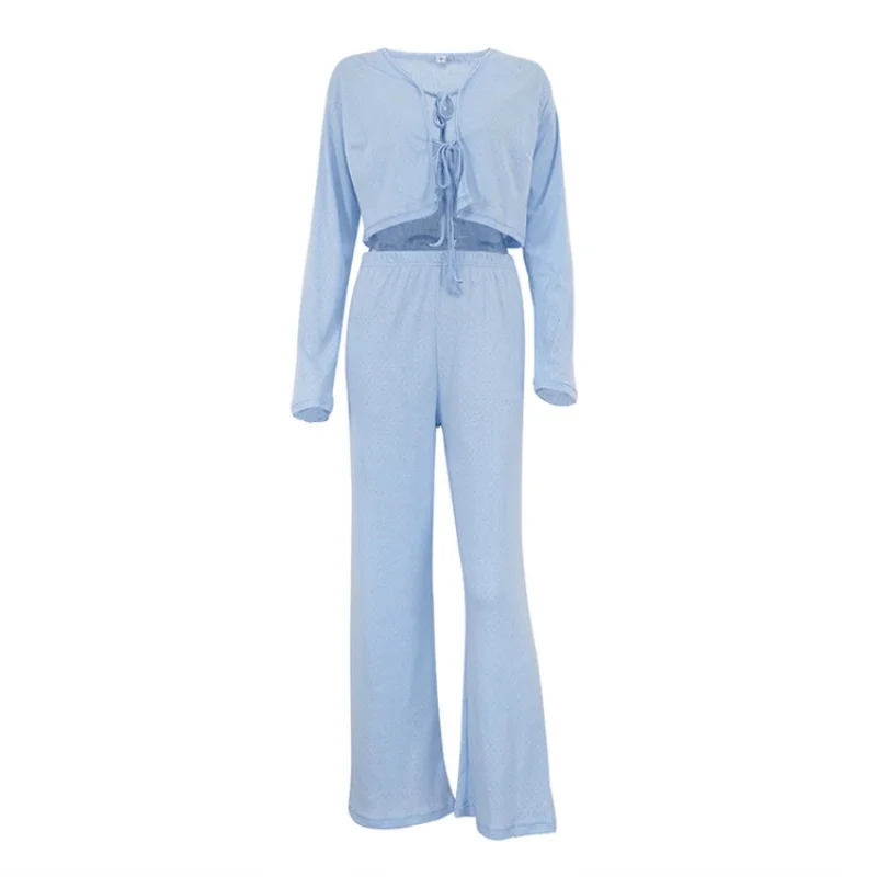 Pijama feminino de duas peças, roupa caseira de algodão, mangas compridas, jacquard de malha, calças cortadas, roupas com cordões, primavera e outono, 2024