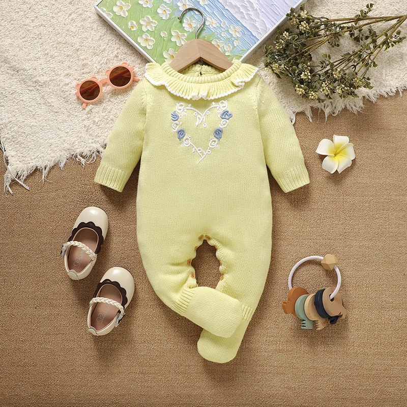 

Комбинезон для новорожденных, вязаный комбинезон для маленьких девочек, модная детская одежда с длинными рукавами и оборками, комбинезон с вышитыми цветами, комбинезон для детей 0-9 месяцев