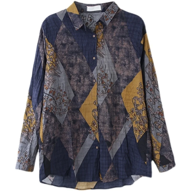 2024 New Autumn Fashion Women's Loose Artistic Retro Casual Shirt Women's Printed Single-breasted Long-sleeved T-shirt Top