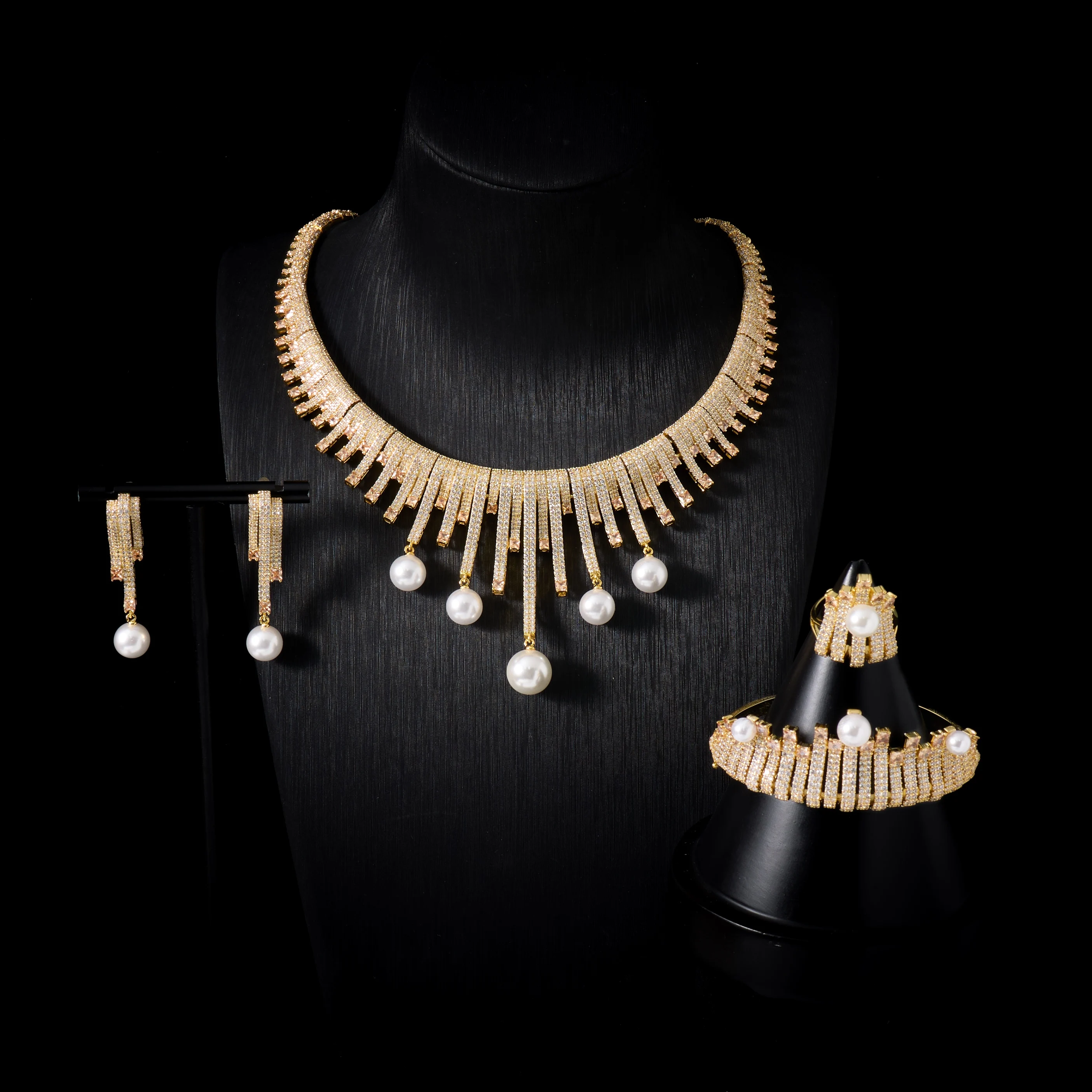 IN JEWELIFE Luxury Royal Tassel Pearl Jewelry Set 4Pcs - Gold Tone Cubic Zirconia Necklace Earrings Bracelet Ring  Elegant Brida