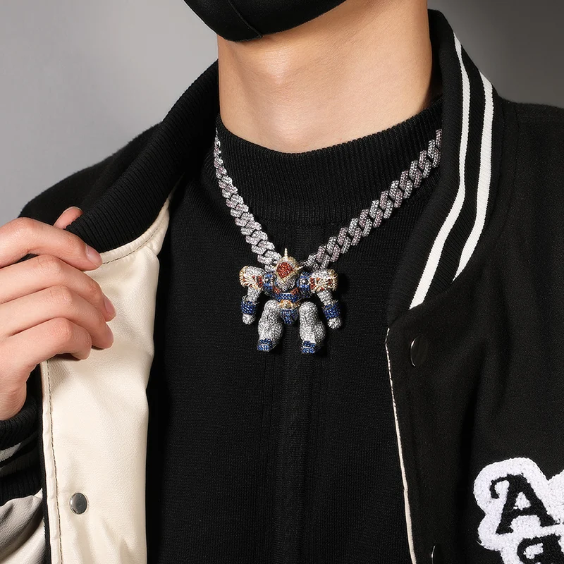 Hip Hop 3A+ CZ Stone Bling Iced Out Cartoon Mech Warrior Pendants Necklaces for Men Rapper Jewelry Gift