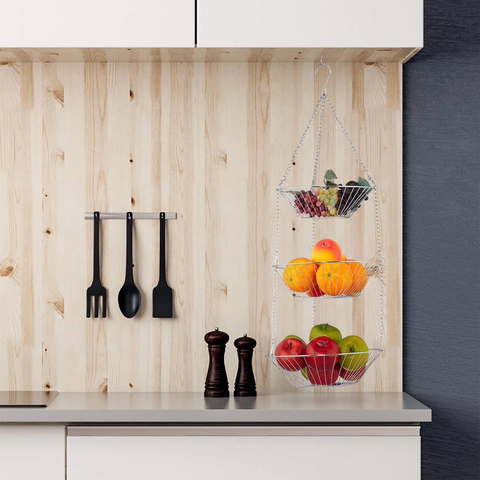 Foldable Iron Hanging Basket Hollow Design Triple Layer Fruit Hanger Home Storage Easy to Clean