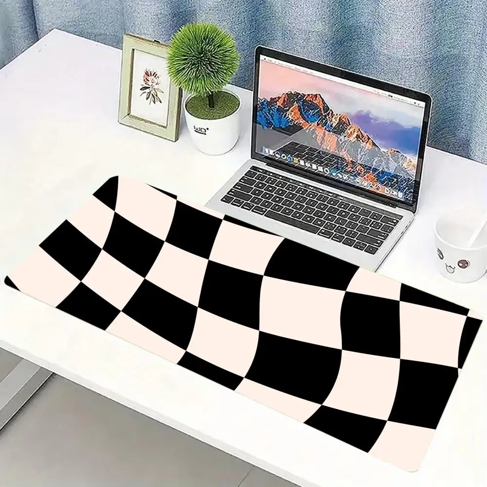 Wavy Checkerboard Extended Gaming Mouse Pad Anti-slip Desk Mat Stitched Edge Aesthetic Decor for PC Gamer Office Use