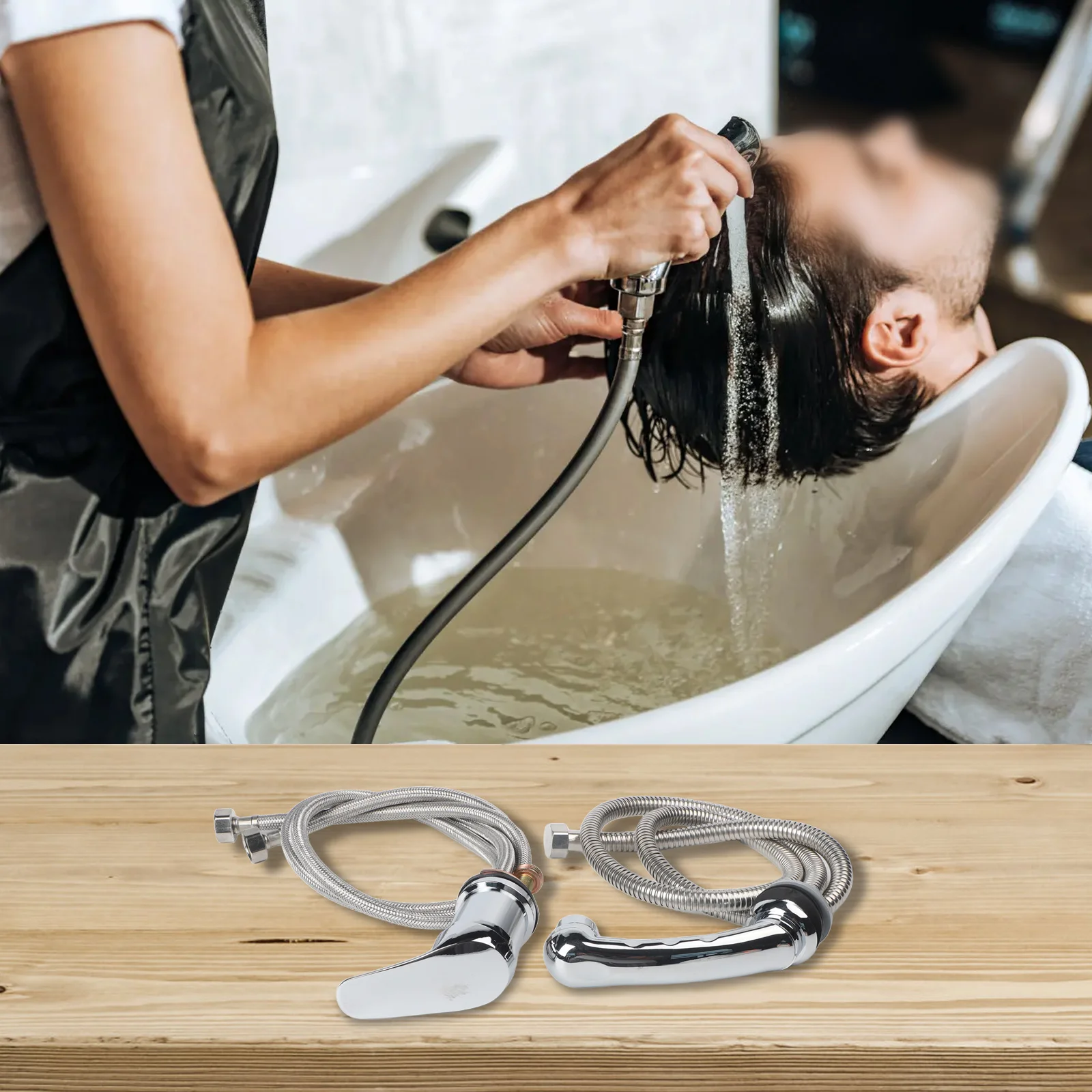 Mixer Faucet with Pull-Out Hand Shower for Shampoo Chairs, 120cm Fabric Hose, High-Pressure 3-Connection Sink Tap for Salon Use