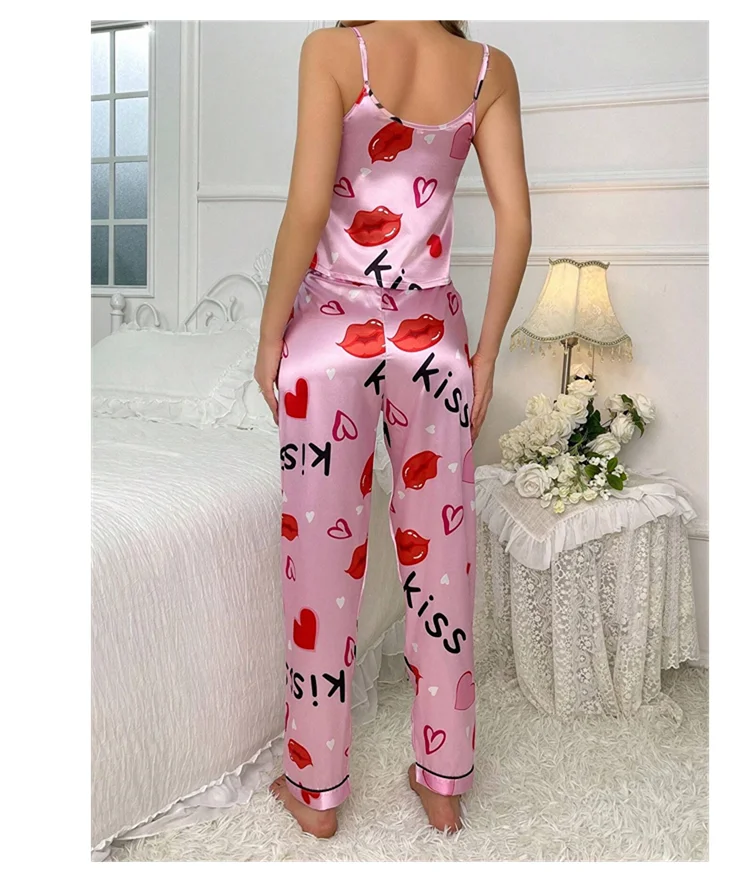 Damen-Pyjama-Sets aus Satin mit Blumenmuster, Spaghettiträger-Oberteilen und langen Hosen, Nachtwäsche, 2-teilig, ärmellos, Heimkleidung, Loungewear – Detail 8