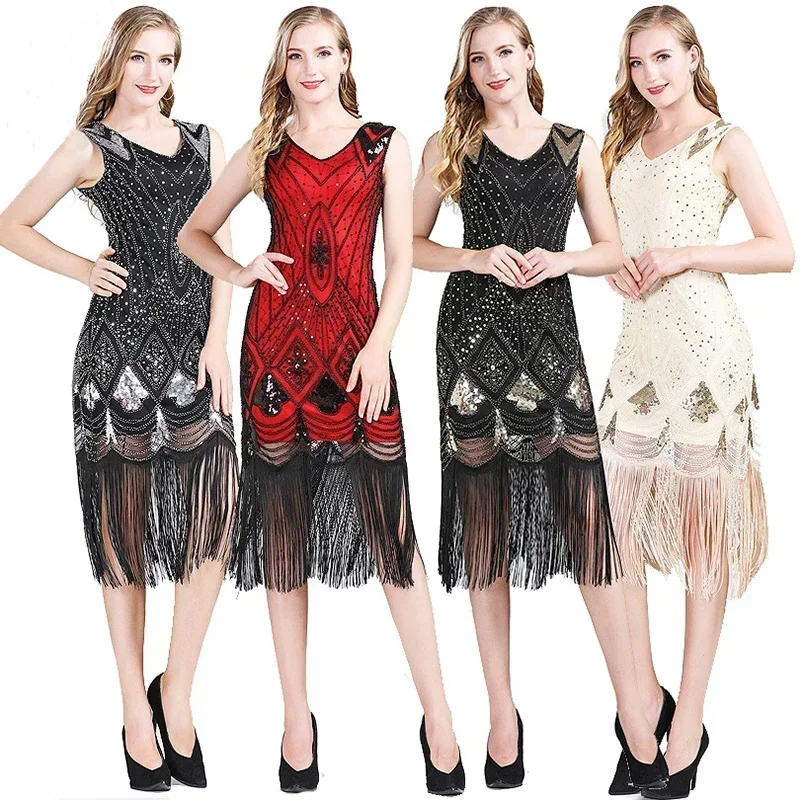 Danza Latina años 20 Vintage Flapper gran Gatsby vestido de fiesta con cuello en V sin mangas lentejuelas con cuentas borla Flapper Vestidos femeninos 1920