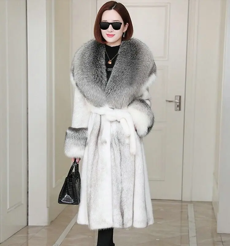 High-End Mink Fur Faux Mink Long Coat Women Fall Winter Thickened Warm All-Match Fox Fur Collar Long Sleeve Coat Female