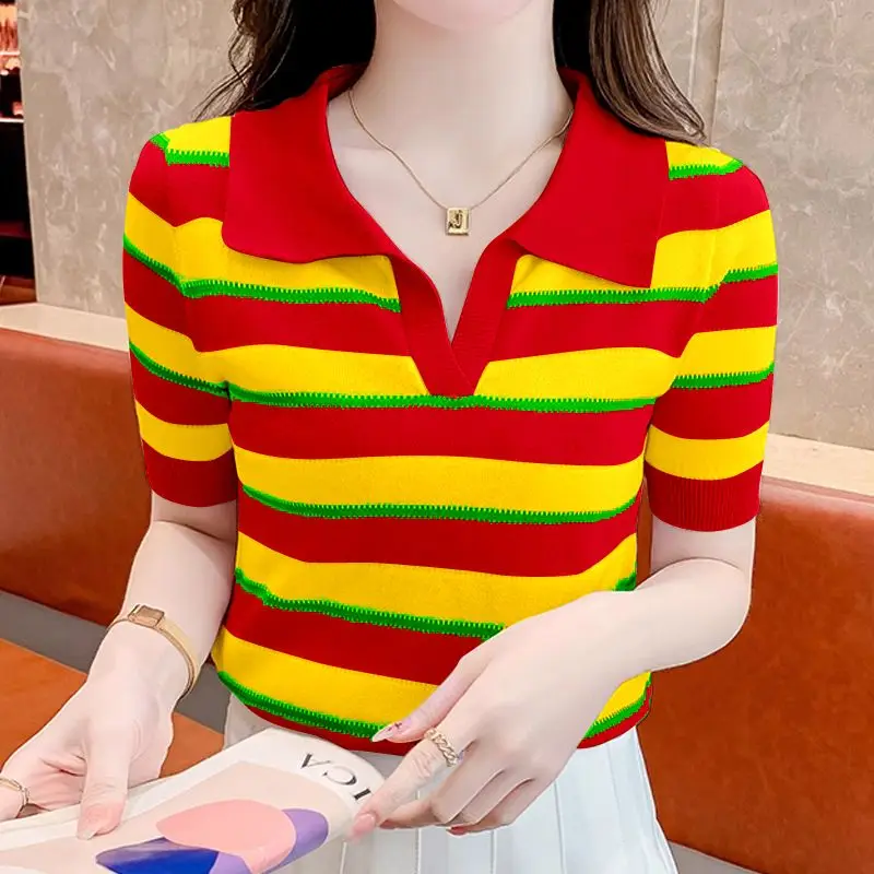 Summer Women\'s Turn-down Collar Pullover Short Sleeve Contrast Color Striped Thin Sweater Knitted T-shirt Minimalist Tops