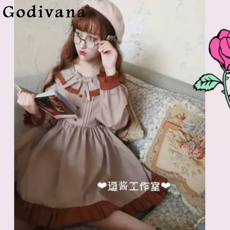 Autumn Sweet Peter Pan Collar Retro Lolita Long Sleeve Loose Dress Fashion Girl Versatile Age Reduction Ruffles Princess Dresses