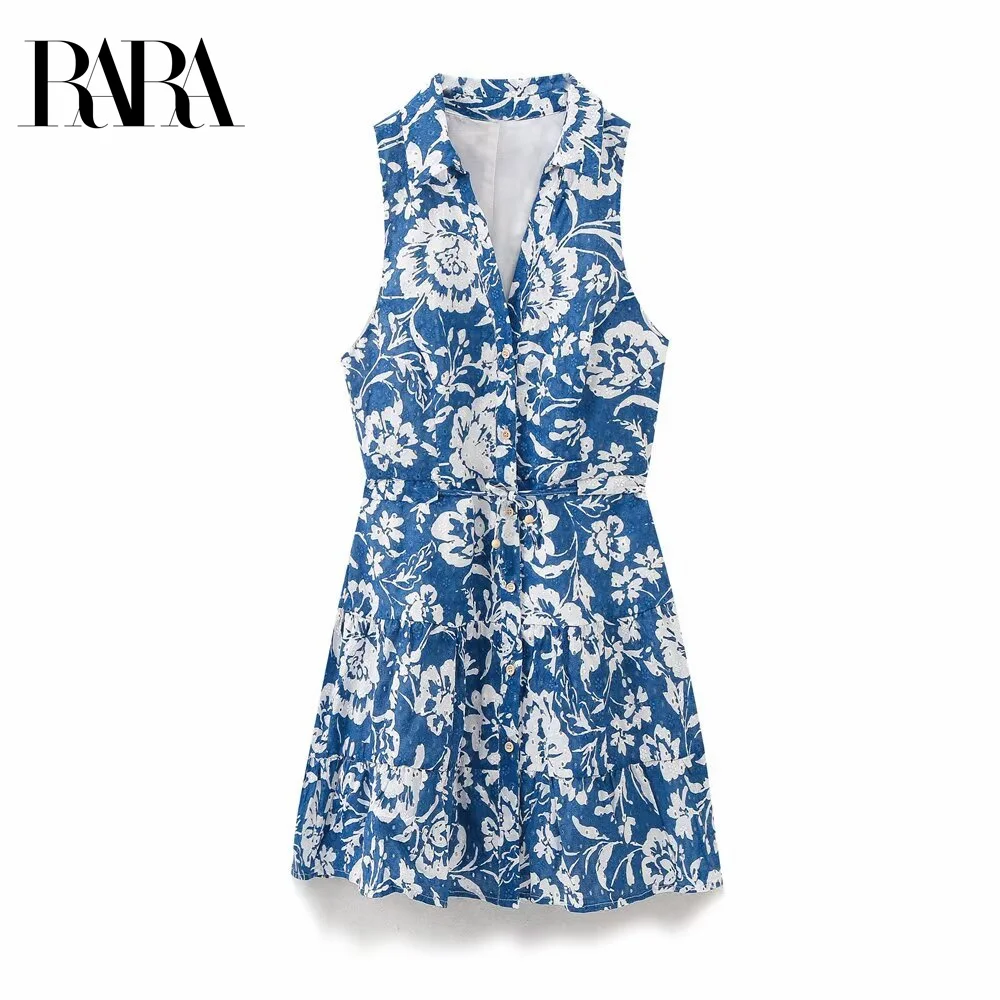 

RARA Ladies Sleeveless Shirt - style Mini Embroidered Printed Dress with Belt Decoration Stylish and Charming Women's Garment