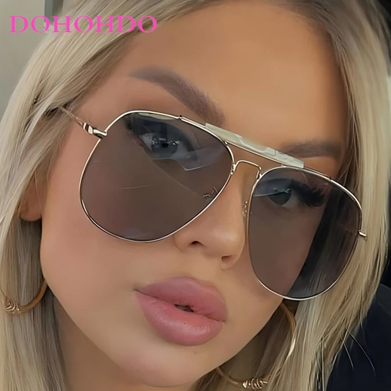 

Retro Metal Double Bridge Pilot Women Sunglasses Luxury Designer Big Frame Punk Men Shades Outdoor Travel Driving Sunglass UV400