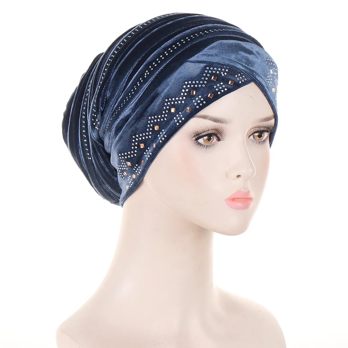 Glitter Diamonds Pleated Turban Cap Women Soft Velvet Head Wraps Caps Muslim Headscarf Bonnet Female Beanie Pullover Cap