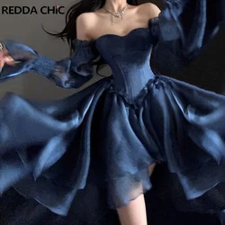 ReddaChic High-low Trailing Princess Mini Dress Women Puff Sleeves Lace Up Frill Trim Royal Blue Satin Wedding Party Ball Gown