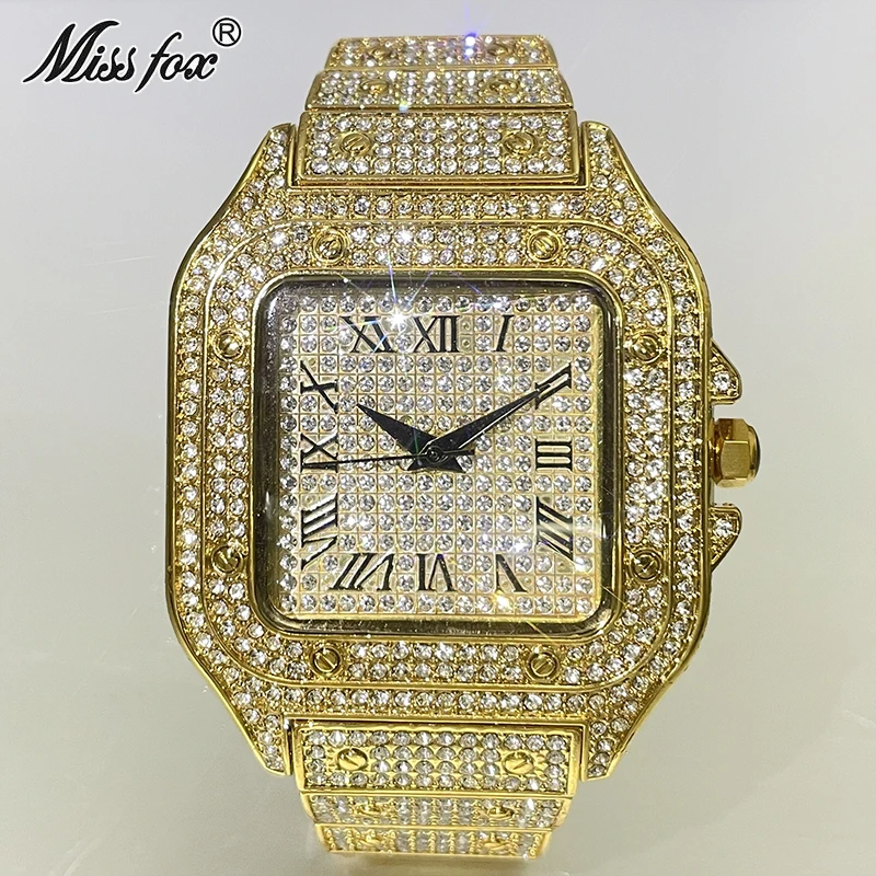 

MISSFOX Square Watch For Mens Hip Hop Full Diamond Gold AAA Quartz watches Fashion Iced Out Bling WristWatch Man Free Shipping