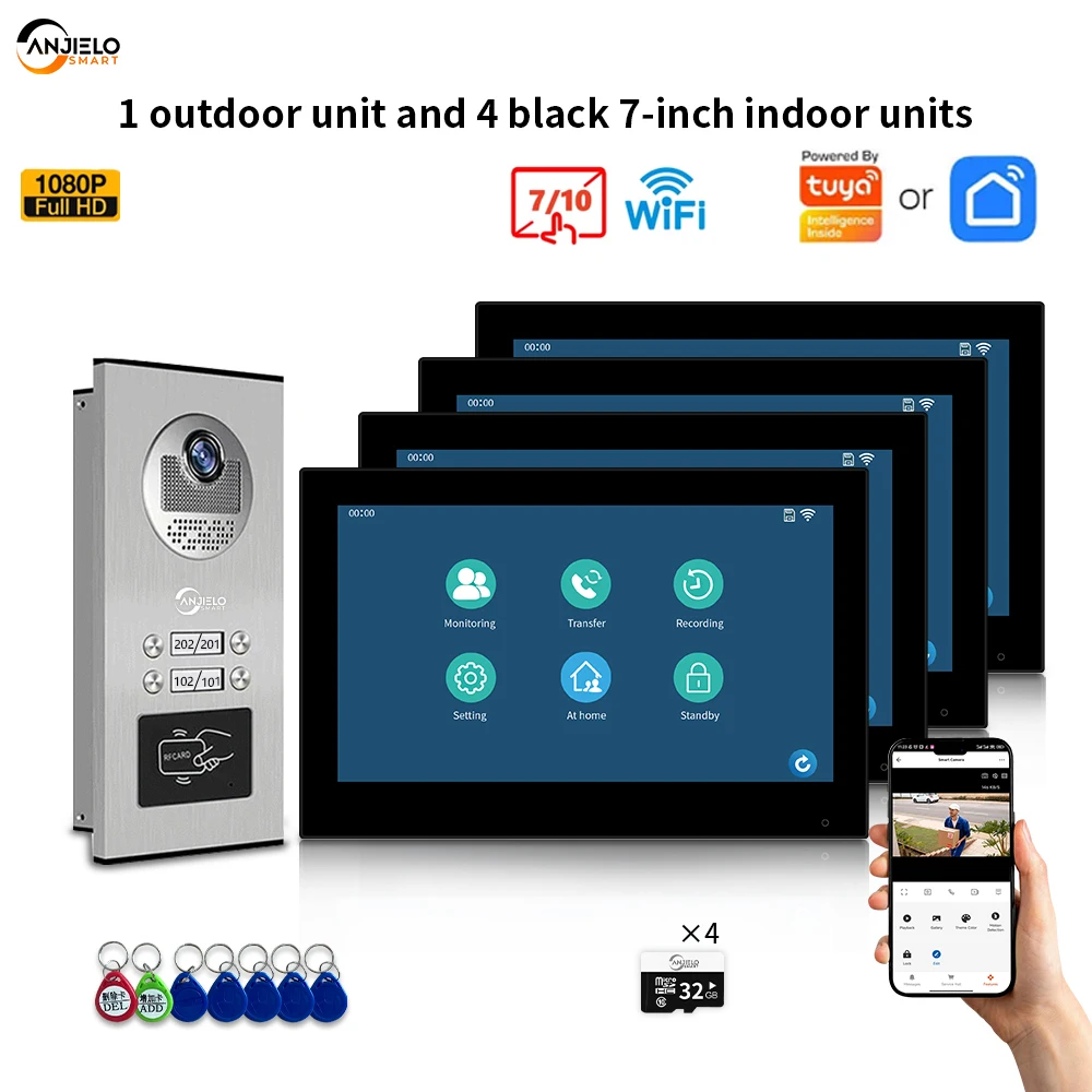 ANJIELO 7-inch monitor 1080P Tuya multi-household intelligent video intercom system video intercom metal doorbell protection