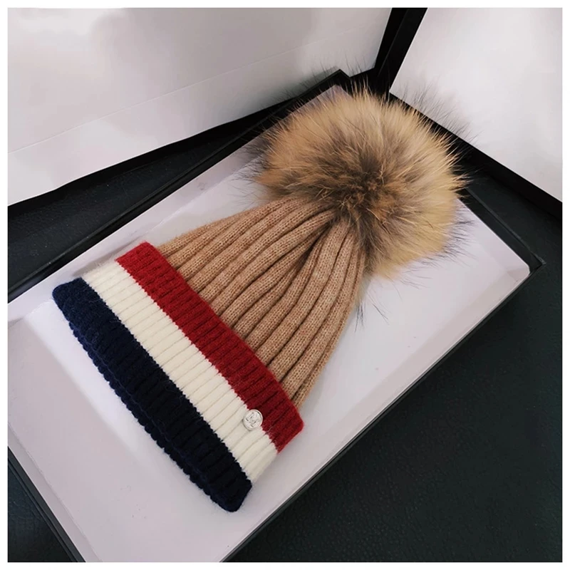 

Adult Women ladies casual Real fur pom poms knit hat Warm beanie hats Striped wool skullies ski bonnet gorros