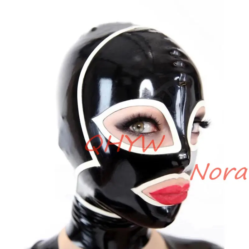 

Women Girl Club Party Drama Black Latex Handmade Hoods Mask with White Trim Zentai Fetish Customize