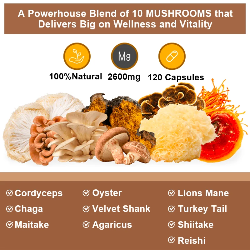 Lion Mane Cordyceps Mushroom Complex Supplement for Nootropic Brain Memory & Focus Immune Booster Energy & Stress Relief