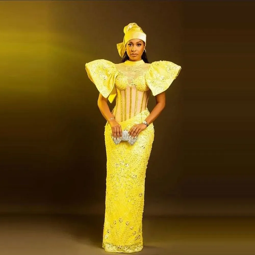 ชุดราตรีทรงเมอร์เมด Aso Ebi ประดับลูกปัด ผ้าลูกไม้ คอสูง แขนพอง สีเหลือง สำหรับงานวันเกิดหรืองานพรอม