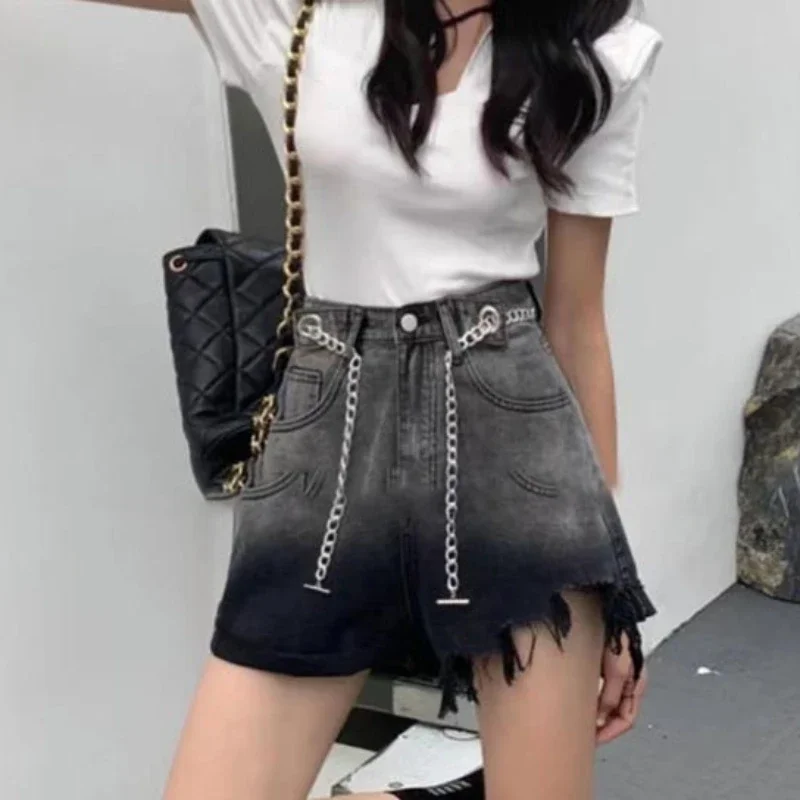 Gradient Color Shorts Women Denim Cuffs Elegant High Waist Hotsweet Summer Asymmetrical Frayed Washed Harajuku Fashion Casual